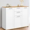 IDMarket Buffet blanc et plateau bois 100 cm avec 3 portes et 2 tiroirs* Collection Design|Collection Moderne