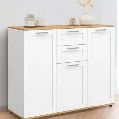 IDMarket Buffet blanc et plateau bois 100 cm avec 3 portes et 2 tiroirs* Collection Design|Collection Moderne