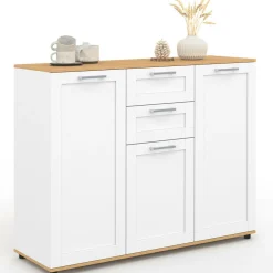 IDMarket Buffet blanc et plateau bois 100 cm avec 3 portes et 2 tiroirs* Collection Design|Collection Moderne