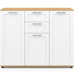 IDMarket Buffet blanc et plateau bois 100 cm avec 3 portes et 2 tiroirs* Collection Design|Collection Moderne