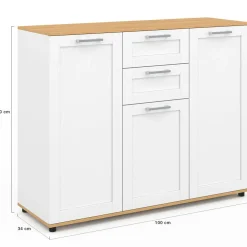IDMarket Buffet blanc et plateau bois 100 cm avec 3 portes et 2 tiroirs* Collection Design|Collection Moderne