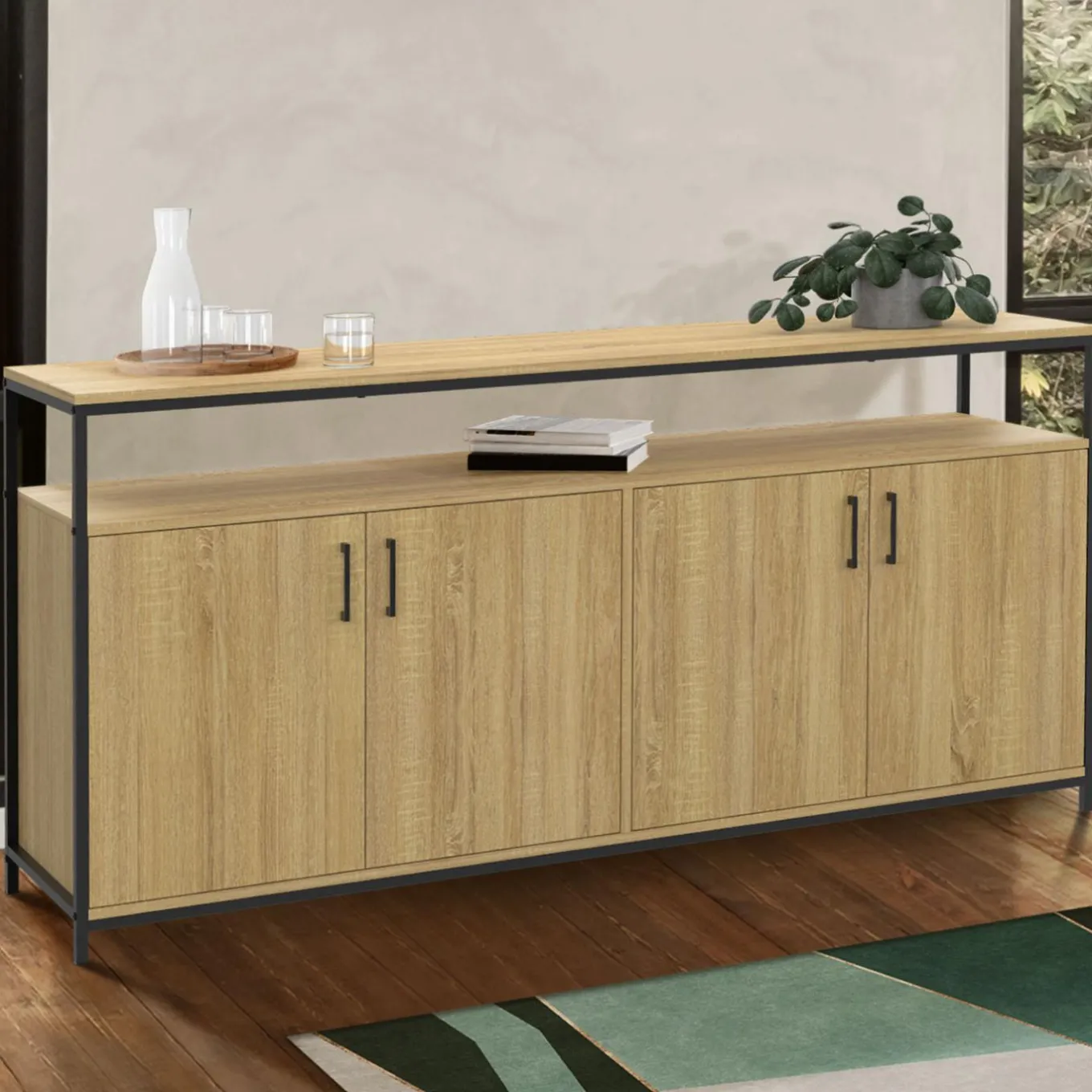 IDMarket Buffet bois et noir style industriel 160 cm 4 portes* Salon Complet|Buffets