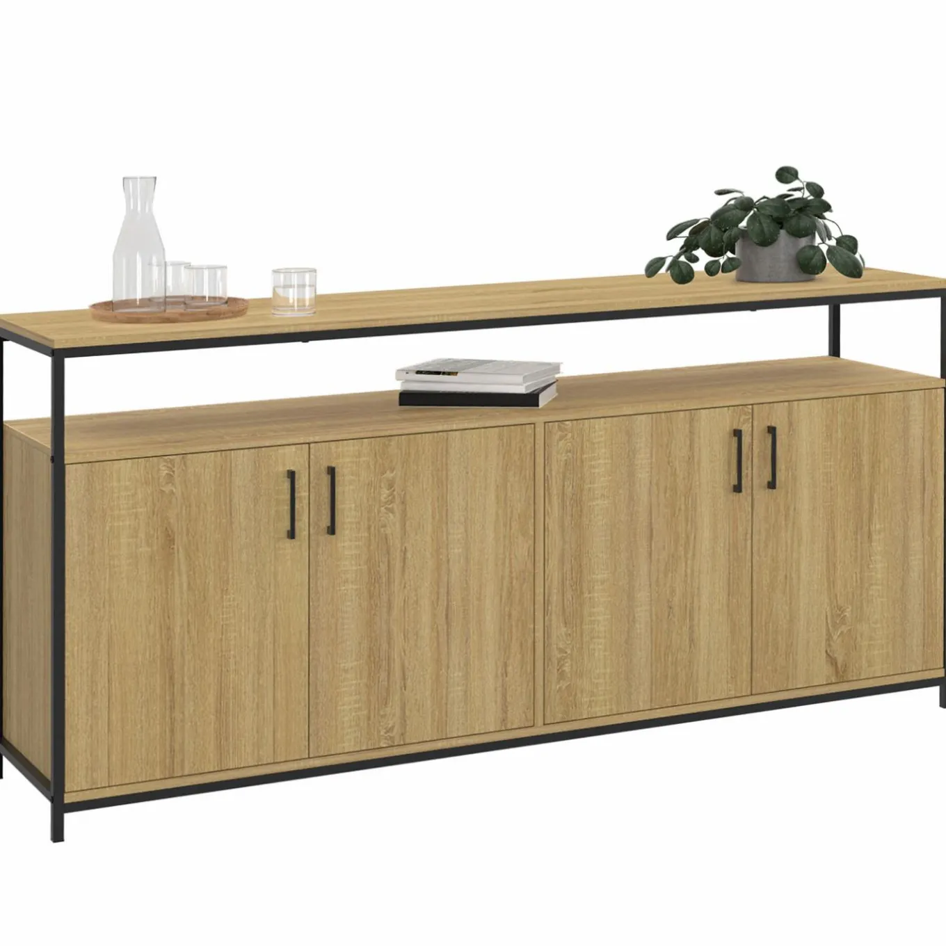 IDMarket Buffet bois et noir style industriel 160 cm 4 portes* Salon Complet|Buffets