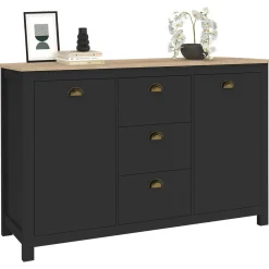 IDMarket Buffet campagne 130 CM 2 portes 3 tirroirs bois et noir* Meubles Noirs|Collection Contemporaine
