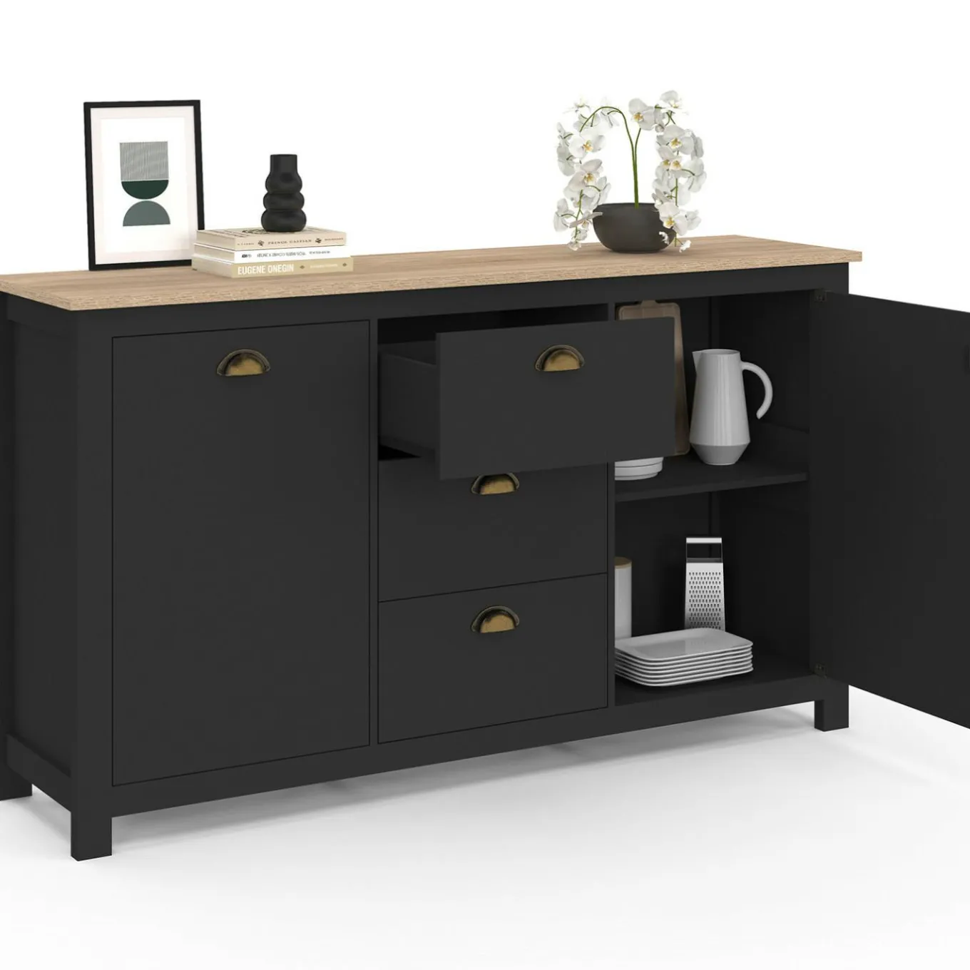 IDMarket Buffet campagne 130 CM 2 portes 3 tirroirs bois et noir* Meubles Noirs|Collection Contemporaine