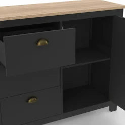 IDMarket Buffet campagne 130 CM 2 portes 3 tirroirs bois et noir* Meubles Noirs|Collection Contemporaine