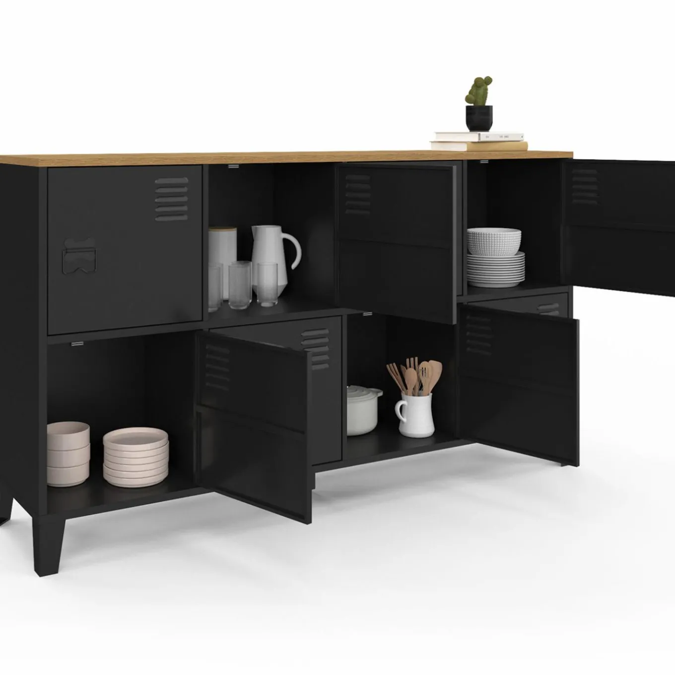 IDMarket Buffet casier 8 portes en métal noir avec plateau bois 139 cm* Buffets|Meubles Tv