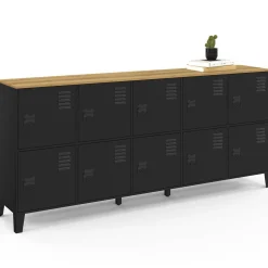 IDMarket Buffet casier 180cm design industriel 10 portes en métal noir et plateau bois* Buffets|Meubles Tv