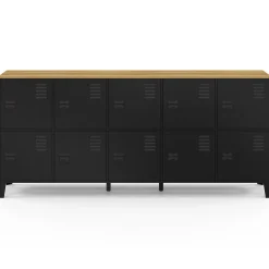 IDMarket Buffet casier 180cm design industriel 10 portes en métal noir et plateau bois* Buffets|Meubles Tv
