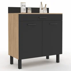 IDMarket Buffet casserolier de cuisine de 80 cm avec 2 portes, 1 tiroir et un plan de travail façon hêtre* Meubles De Cuisine Avec Plan De Travail|Buffets De Cuisine