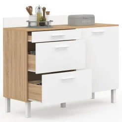 IDMarket Buffet casserolier de cuisine 120 cm avec 1 porte et 3 tiroirs façon hêtre et blanc* Buffets De Cuisine|Vaisseliers