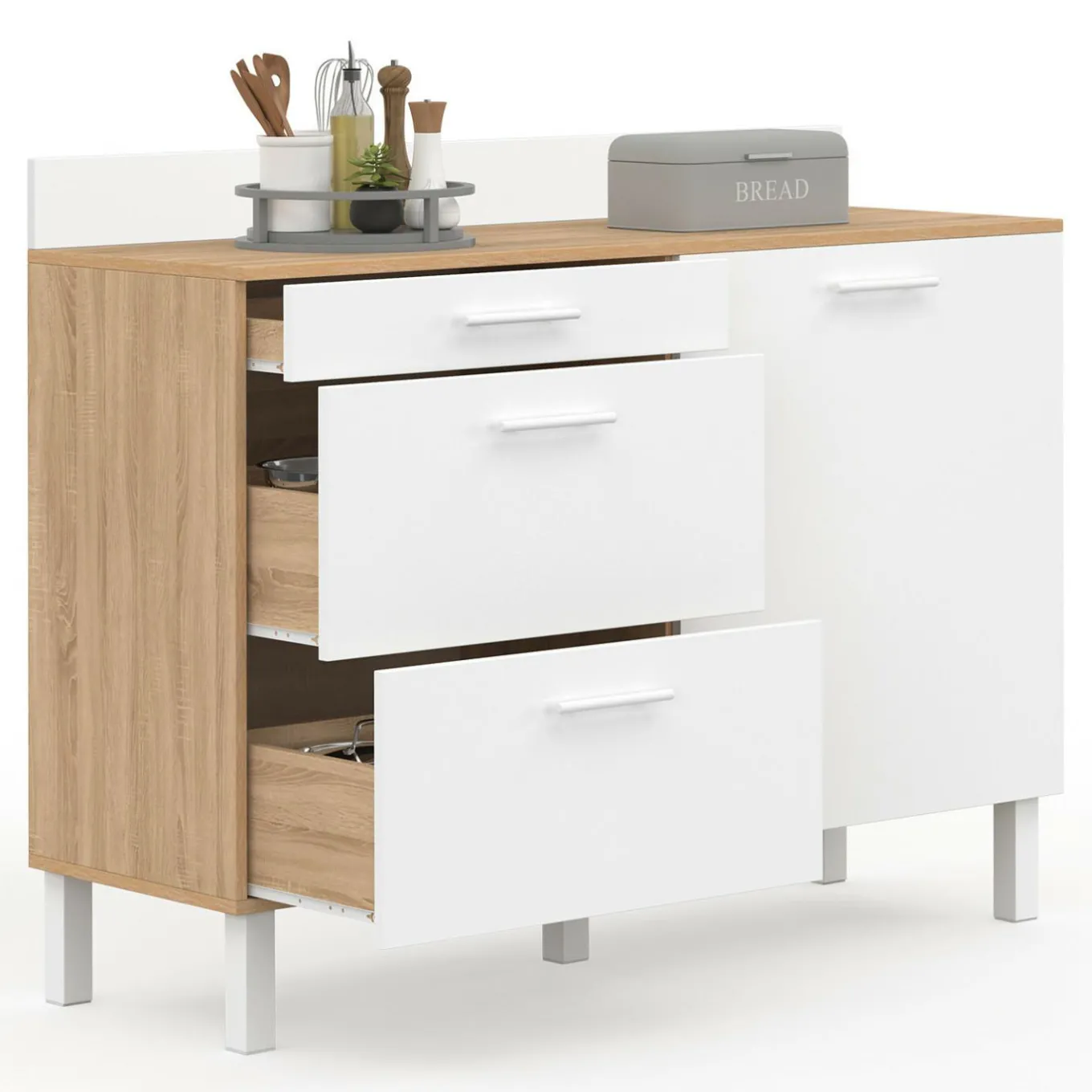 IDMarket Buffet casserolier de cuisine 120 cm avec 1 porte et 3 tiroirs façon hêtre et blanc* Buffets De Cuisine|Vaisseliers