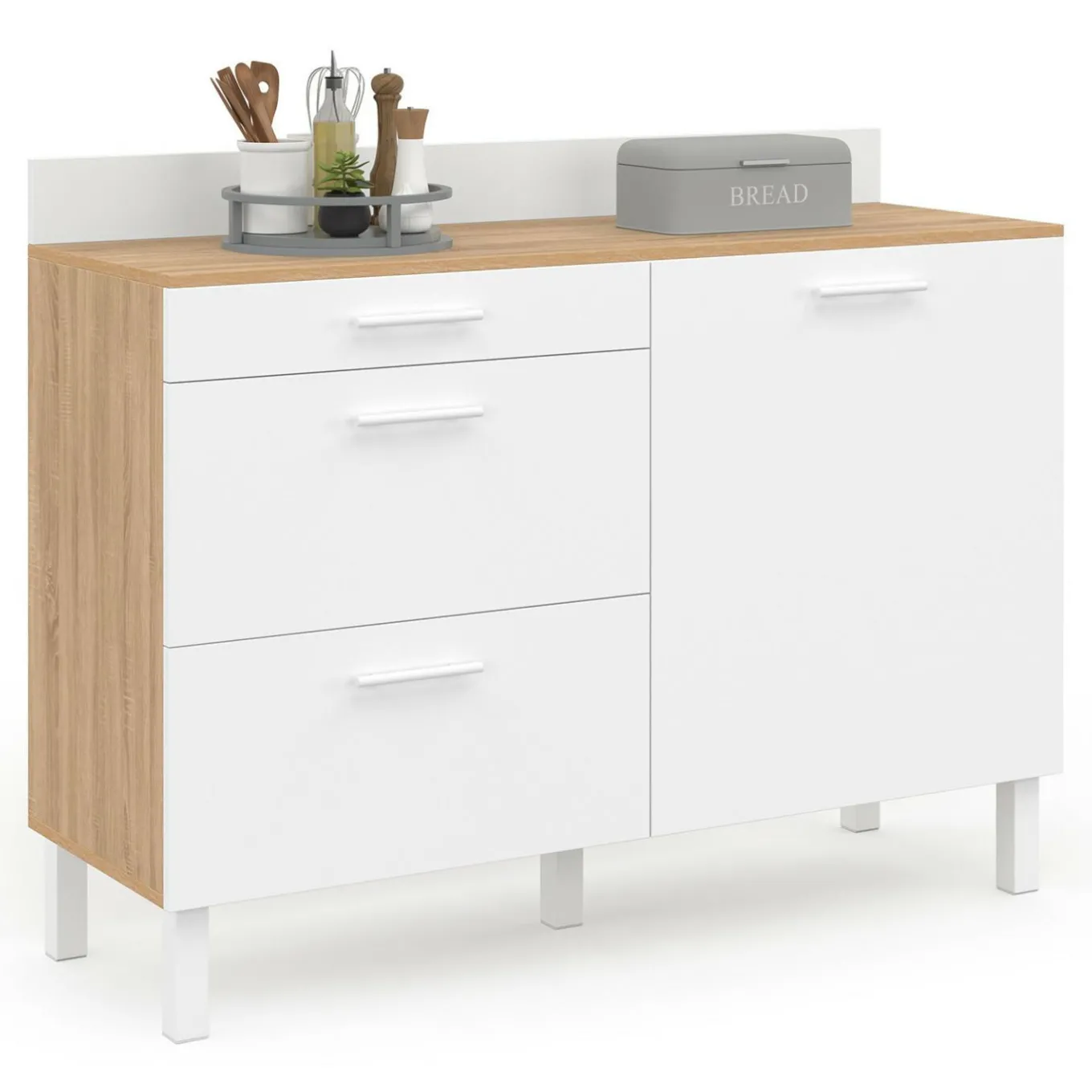IDMarket Buffet casserolier de cuisine 120 cm avec 1 porte et 3 tiroirs façon hêtre et blanc* Buffets De Cuisine|Vaisseliers