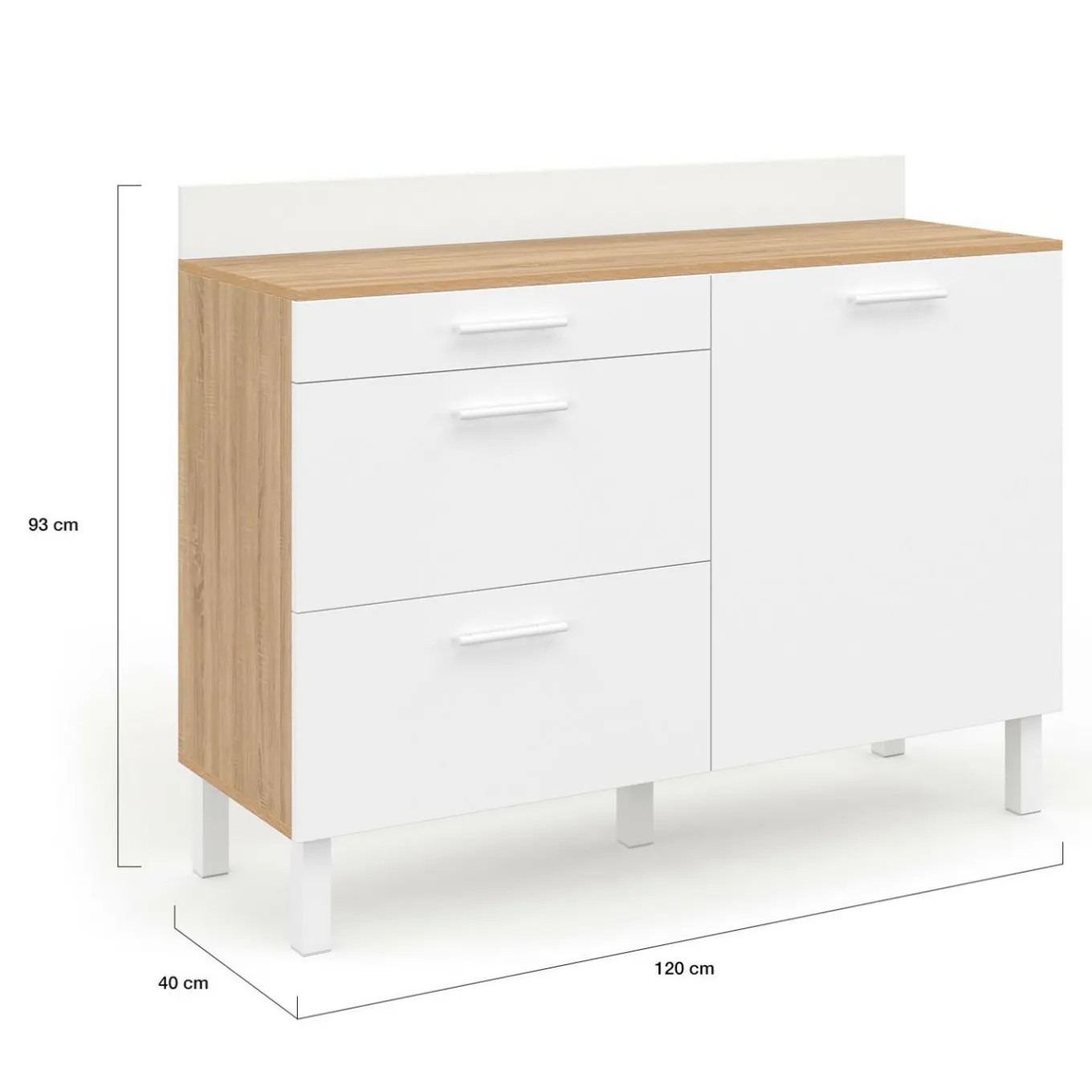 IDMarket Buffet casserolier de cuisine 120 cm avec 1 porte et 3 tiroirs façon hêtre et blanc* Buffets De Cuisine|Vaisseliers