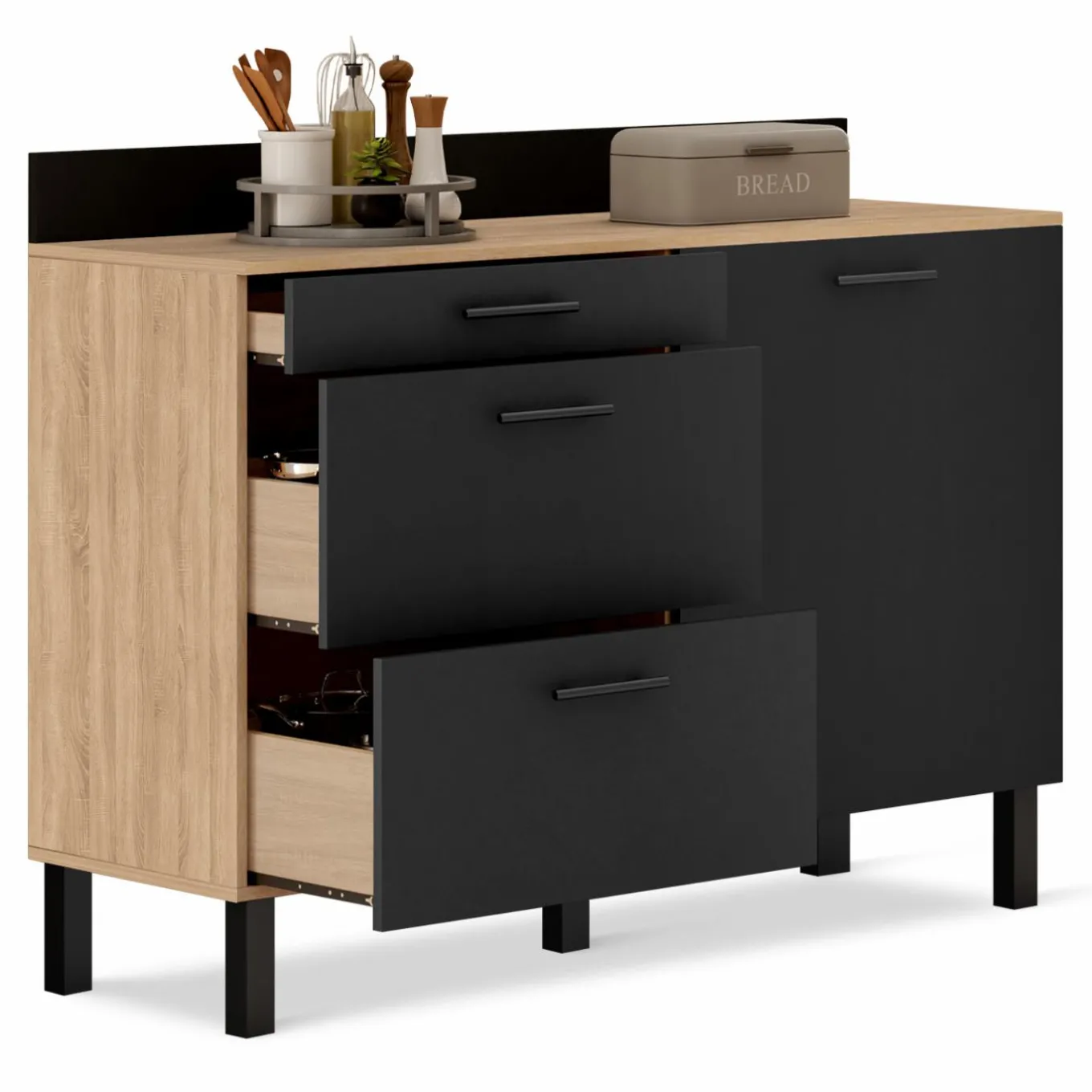 IDMarket Buffet casserolier de cuisine noir et façon hêtre avec 1 porte et 3 tiroirs* Meubles De Cuisine Avec Plan De Travail|Buffets De Cuisine