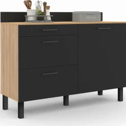 IDMarket Buffet casserolier de cuisine noir et façon hêtre avec 1 porte et 3 tiroirs* Meubles De Cuisine Avec Plan De Travail|Buffets De Cuisine