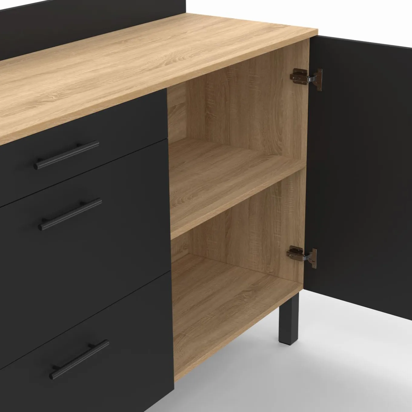 IDMarket Buffet casserolier de cuisine noir et façon hêtre avec 1 porte et 3 tiroirs* Meubles De Cuisine Avec Plan De Travail|Buffets De Cuisine