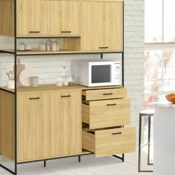 IDMarket Buffet casserolier de cuisine 140 cm 5 portes + 3 tiroirs design industriel* Meubles De Cuisine Avec Plan De Travail|Buffets De Cuisine