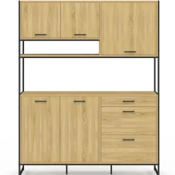 IDMarket Buffet casserolier de cuisine 140 cm 5 portes + 3 tiroirs design industriel* Meubles De Cuisine Avec Plan De Travail|Buffets De Cuisine