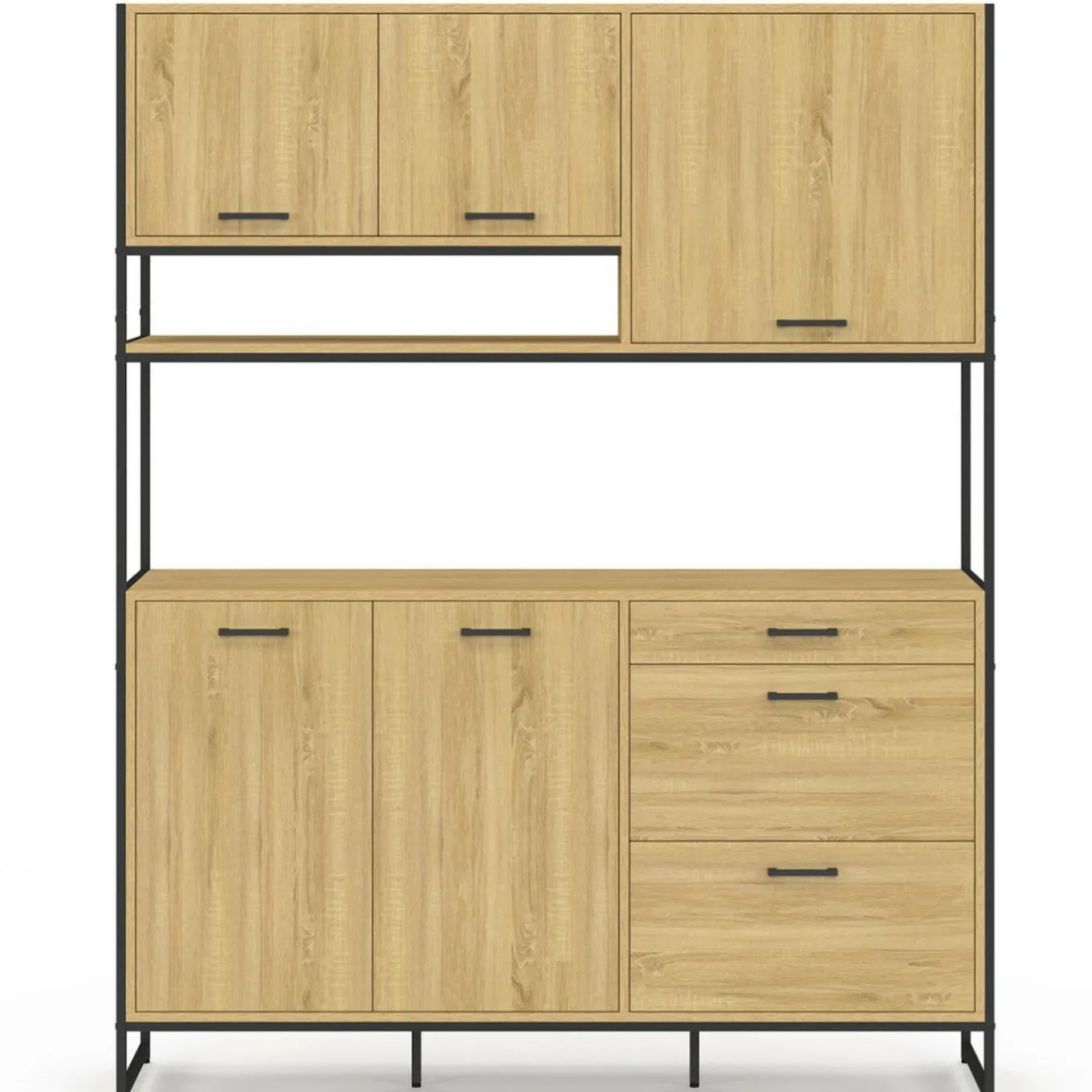 IDMarket Buffet casserolier de cuisine 140 cm 5 portes + 3 tiroirs design industriel* Meubles De Cuisine Avec Plan De Travail|Buffets De Cuisine