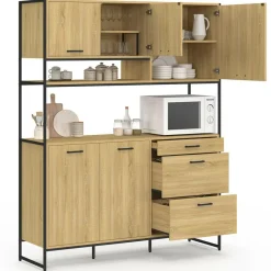 IDMarket Buffet casserolier de cuisine 140 cm 5 portes + 3 tiroirs design industriel* Meubles De Cuisine Avec Plan De Travail|Buffets De Cuisine