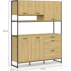 IDMarket Buffet casserolier de cuisine 140 cm 5 portes + 3 tiroirs design industriel* Meubles De Cuisine Avec Plan De Travail|Buffets De Cuisine