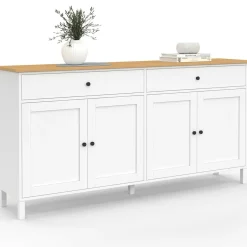 IDMarket Buffet 160cm 4 portes et 2 tiroirs blanc et plateau bois* Meubles Blancs|Meubles En Bois