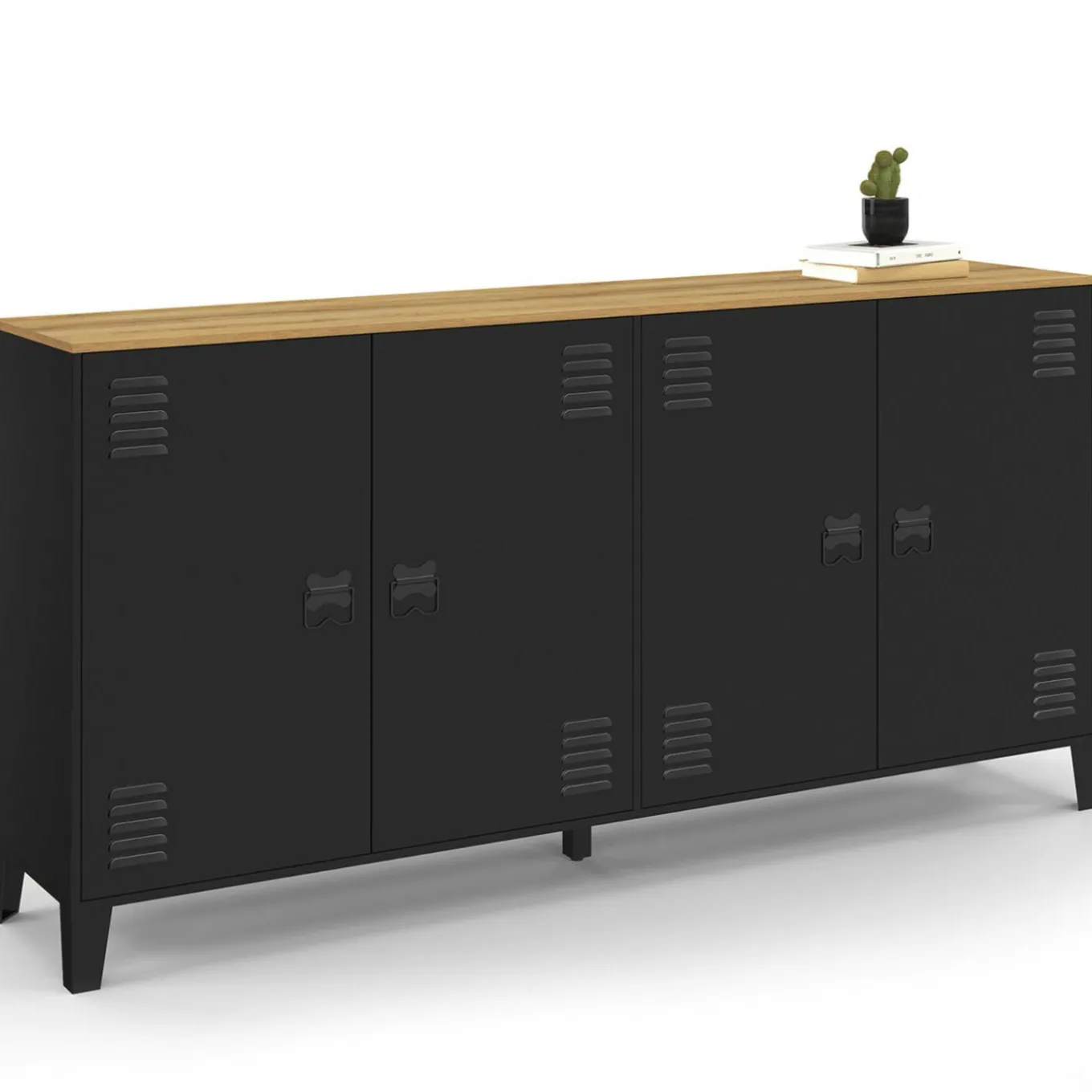 IDMarket Buffet 160cm ESTER 4 portes en métal noir plateau bois design industriel* Buffets|Meubles Tv