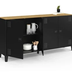 IDMarket Buffet 160cm ESTER 4 portes en métal noir plateau bois design industriel* Buffets|Meubles Tv