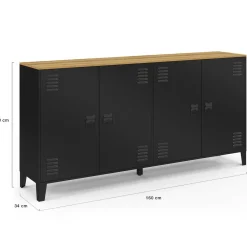 IDMarket Buffet 160cm ESTER 4 portes en métal noir plateau bois design industriel* Buffets|Meubles Tv