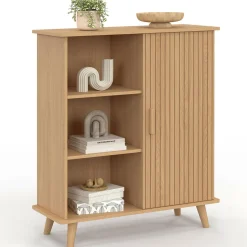 IDMarket Buffet d'appoint 70 cm bois effet lattes et tasseau avec 3 étagères et placard* Petits Meubles|Buffets