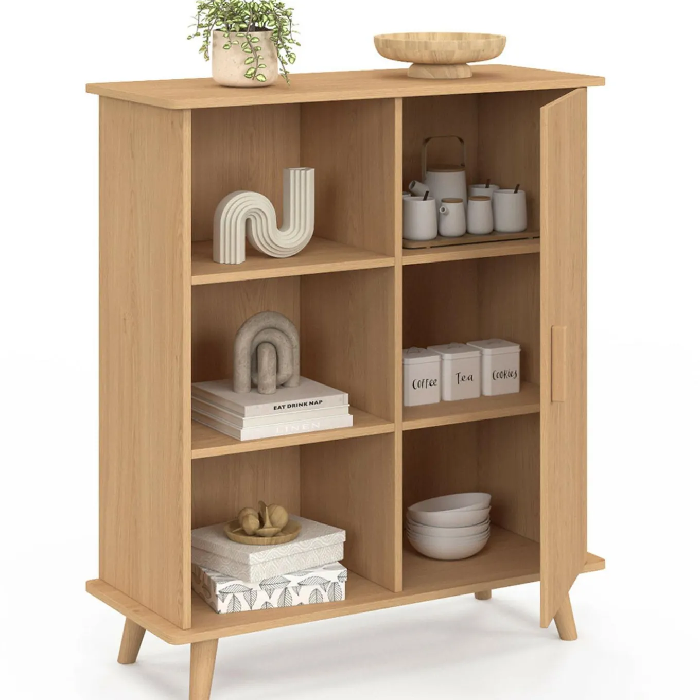 IDMarket Buffet d'appoint 70 cm bois effet lattes et tasseau avec 3 étagères et placard* Petits Meubles|Buffets