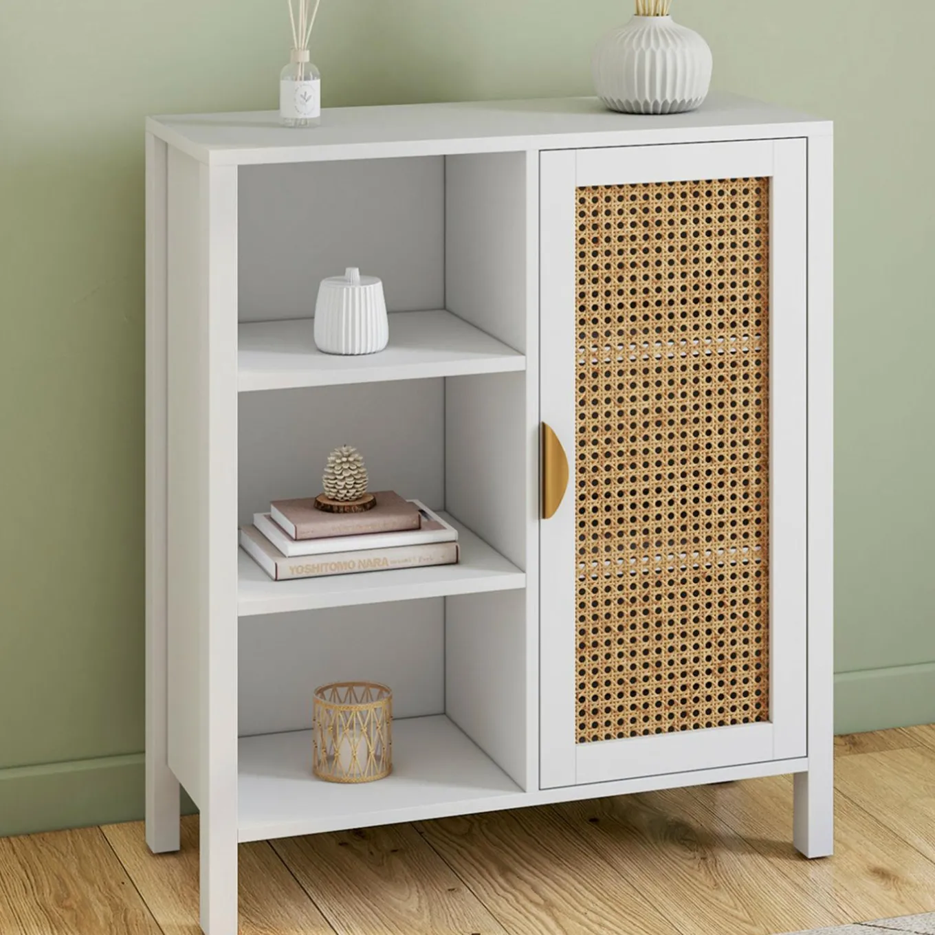 IDMarket Buffet d'appoint 3 étagères et placard de 70 cm blanc avec cannage* Collection Cannage|Salon Complet