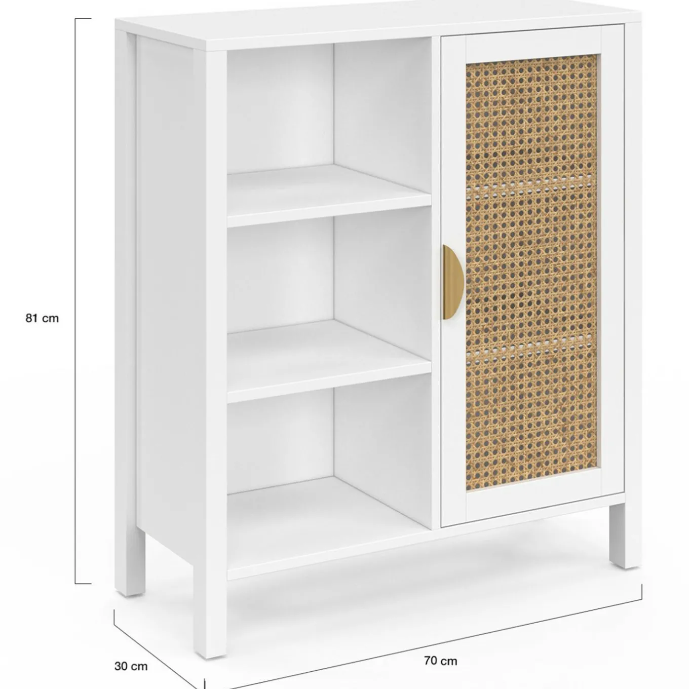 IDMarket Buffet d'appoint 3 étagères et placard de 70 cm blanc avec cannage* Collection Cannage|Salon Complet