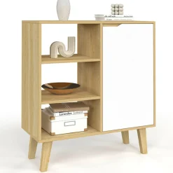 IDMarket Buffet d'appoint 3 étagères et placard 70 cm blanc et bois façon hêtre* Meubles Blancs|Meubles En Bois
