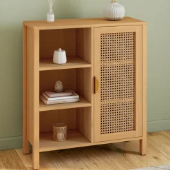 IDMarket Buffet d’appoint cannage avec 3 étagères et placard 70 cm* Collection Cannage|Buffets