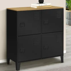 IDMarket Buffet d'appoint casier 70 cm 4 portes en métal noir plateau bois design industriel* Collection Métal|Buffets