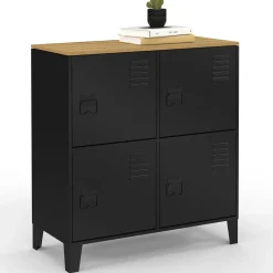 IDMarket Buffet d'appoint casier 70 cm 4 portes en métal noir plateau bois design industriel* Collection Métal|Buffets