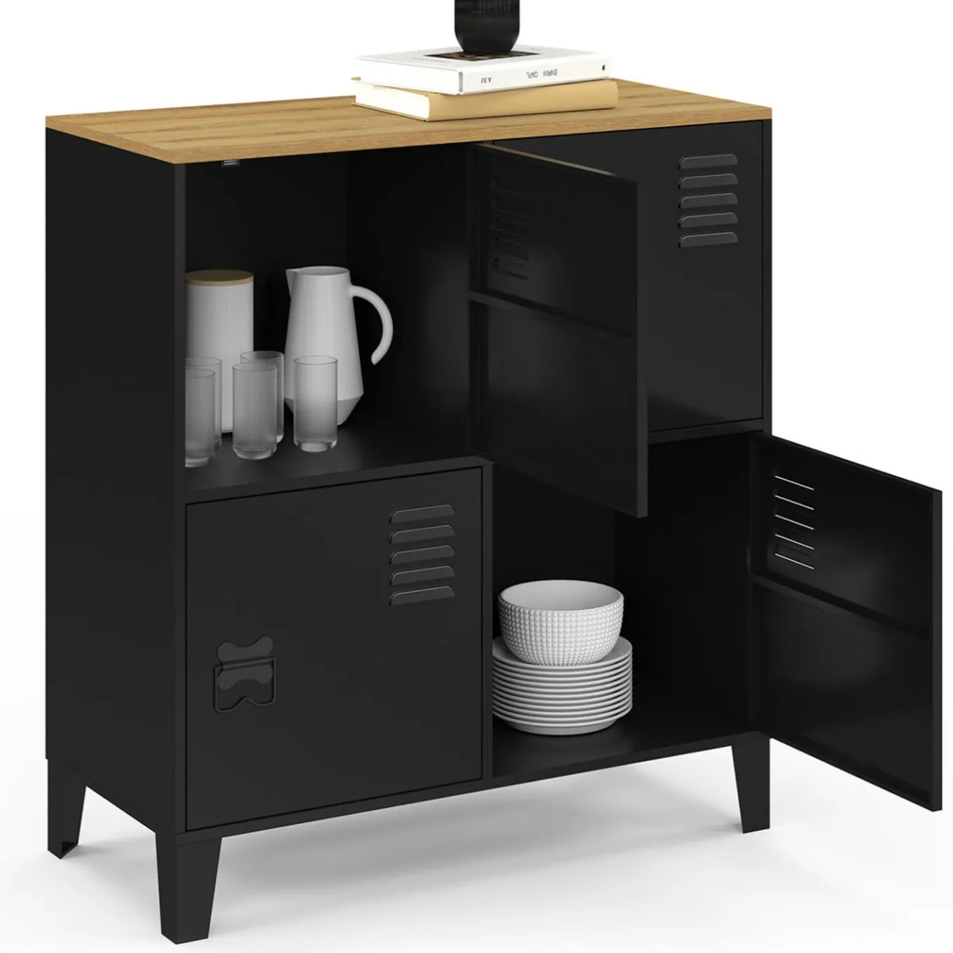 IDMarket Buffet d'appoint casier 70 cm 4 portes en métal noir plateau bois design industriel* Collection Métal|Buffets