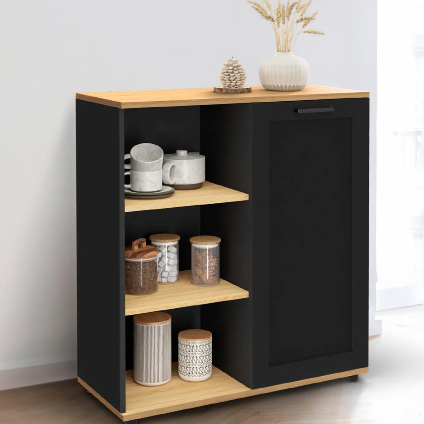 IDMarket Buffet d'appoint noir et bois* Collection Contemporaine|Petits Meubles