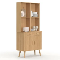 IDMarket Buffet de cuisine 80 CM 2 portes + tiroir effet lattes tasseau de bois* Collection Contemporaine|Buffets De Cuisine