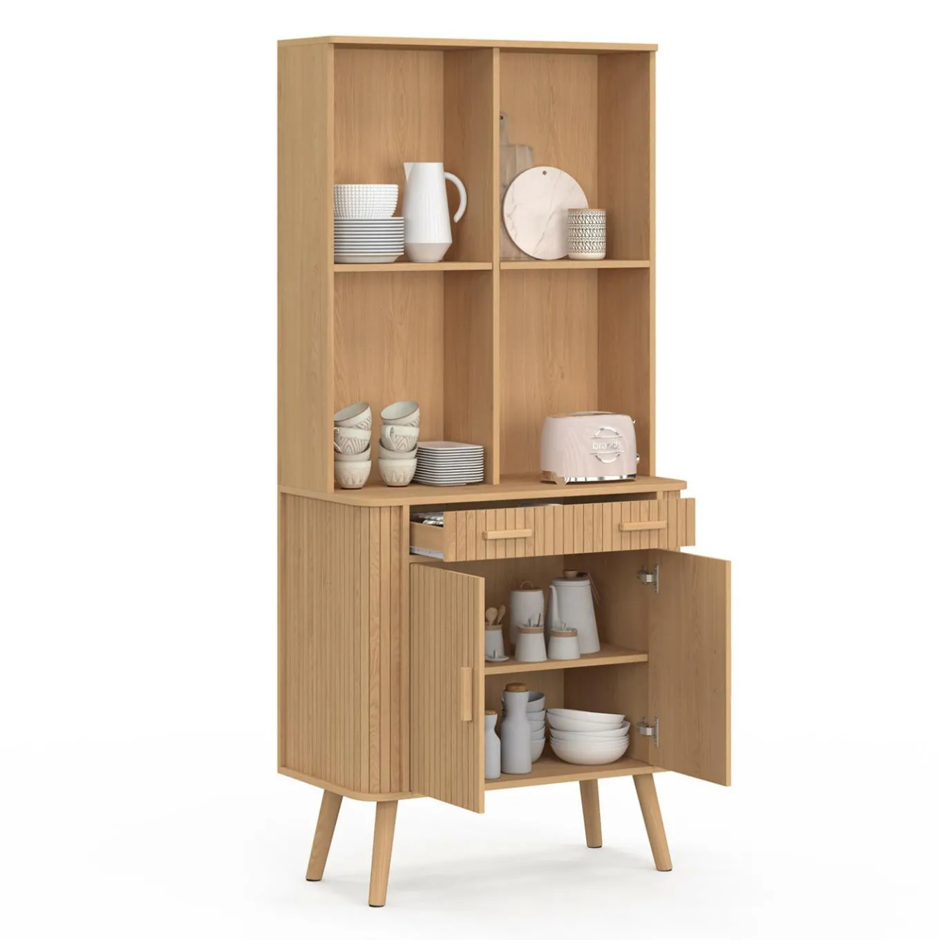 IDMarket Buffet de cuisine 80 CM 2 portes + tiroir effet lattes tasseau de bois* Collection Contemporaine|Buffets De Cuisine