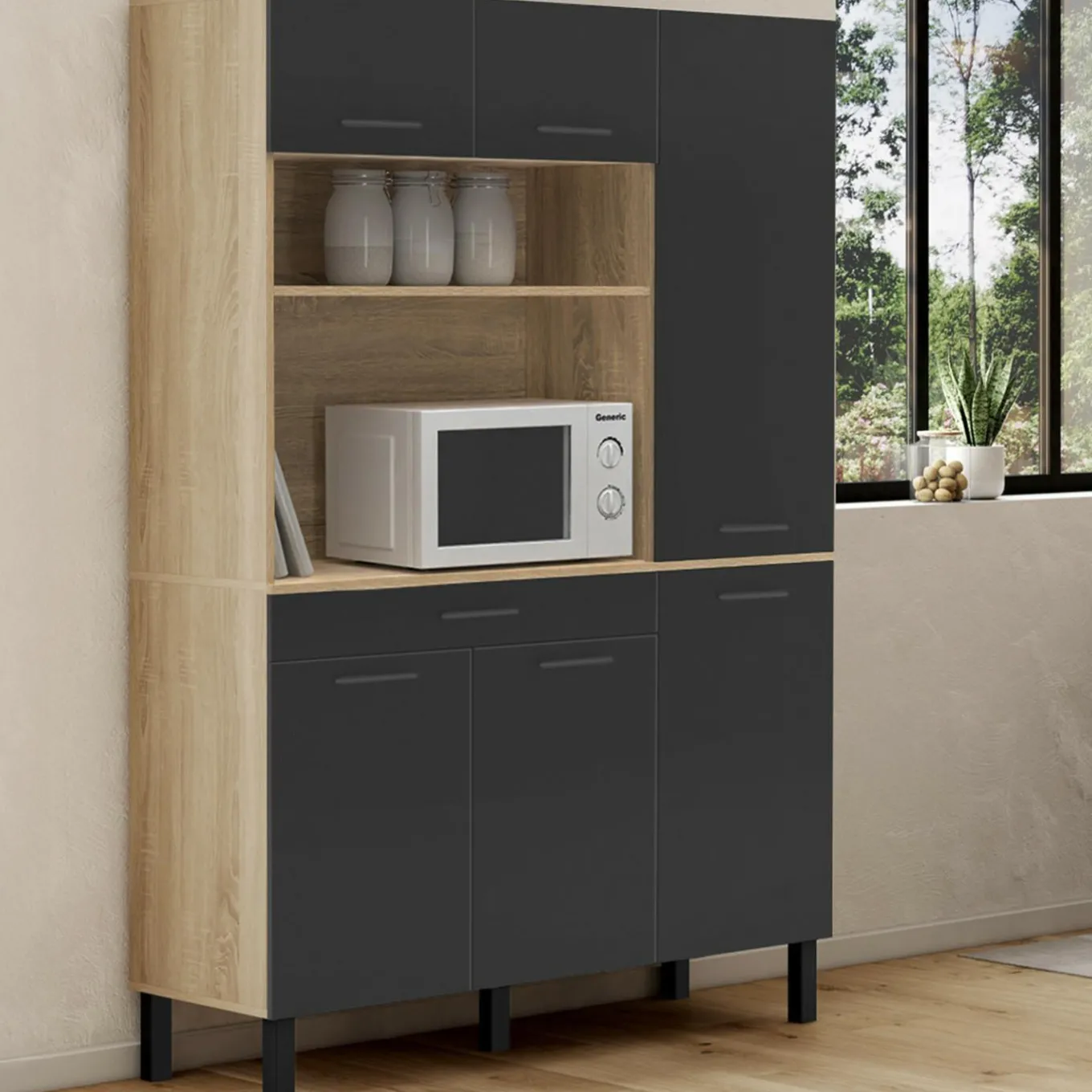IDMarket Buffet de cuisine avec rangement 120 cm façon hêtre et noir* Meubles Tiroirs|Meubles Hauts