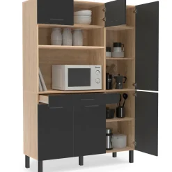 IDMarket Buffet de cuisine avec rangement 120 cm façon hêtre et noir* Meubles Tiroirs|Meubles Hauts
