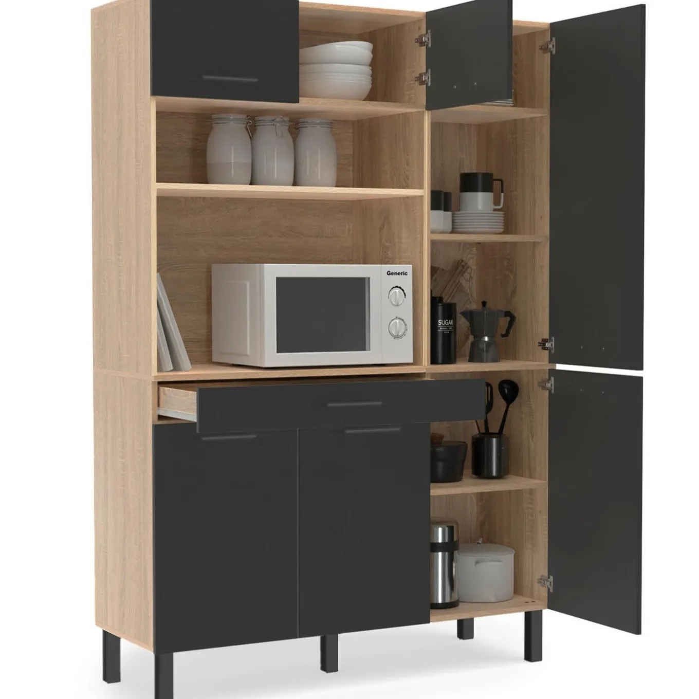 IDMarket Buffet de cuisine avec rangement 120 cm façon hêtre et noir* Meubles Tiroirs|Meubles Hauts