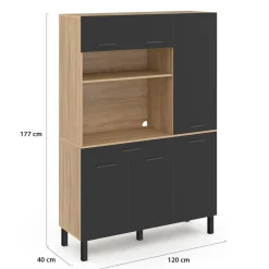 IDMarket Buffet de cuisine avec rangement 120 cm façon hêtre et noir* Meubles Tiroirs|Meubles Hauts