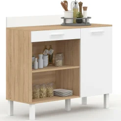 IDMarket Buffet de cuisine bas 100 cm bois façon hêtre et blanc plan de travail H.83 cm* Meubles Tiroirs|Meubles Bas