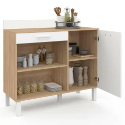 IDMarket Buffet de cuisine bas 100 cm bois façon hêtre et blanc plan de travail H.83 cm* Meubles Tiroirs|Meubles Bas