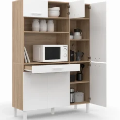 IDMarket Buffet de cuisine blanc et façon hêtre avec 6 portes + tiroir* Meubles Tiroirs|Meubles Hauts