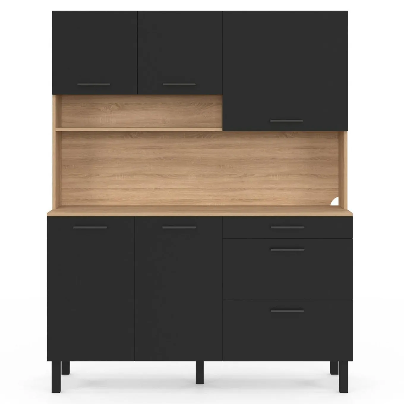 IDMarket Buffet de cuisine casserolier 5 portes + 3 tiroirs façon hêtre et noir* Meubles Tiroirs|Meubles Hauts